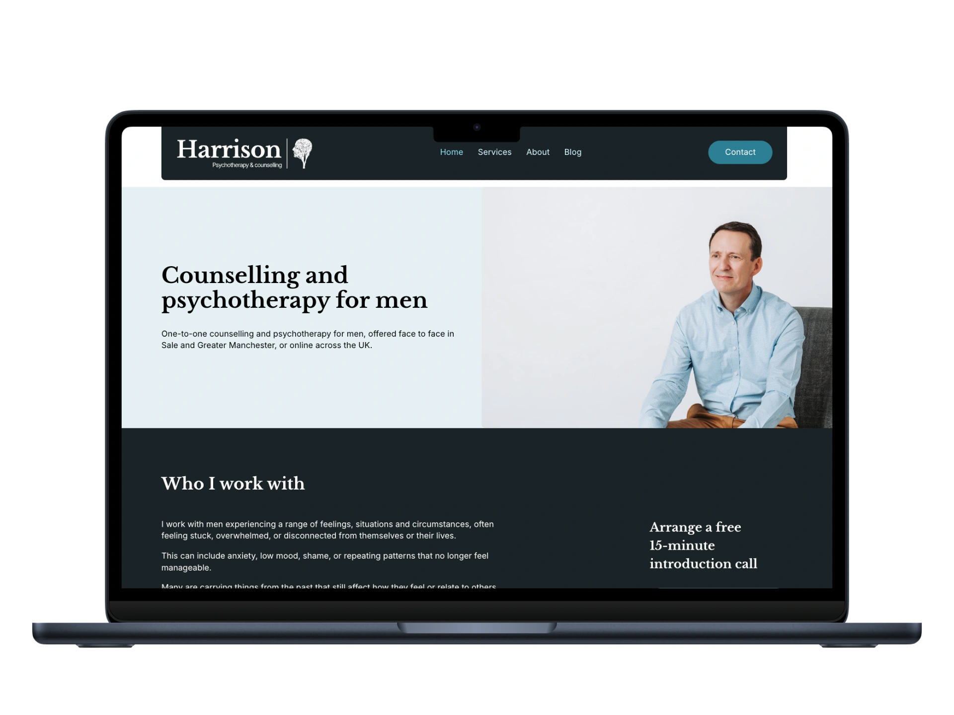 Therapists wesbite redesigned homepage mockup on a laptop screen